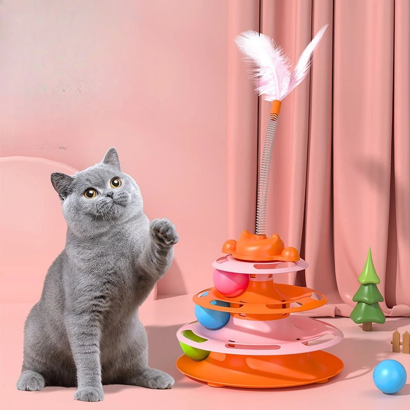 1pcs 4-Layer Feather Cat Turntable With Fun Toy Ball And Playing Stick - Interactive Toy For Cats
