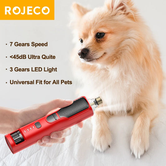ROJECO Electric Pet Nail Grinder Dog Cat Rechargeable Nail Clippers LED Light Pet Claw Nail Grooming Trimmer Accessories