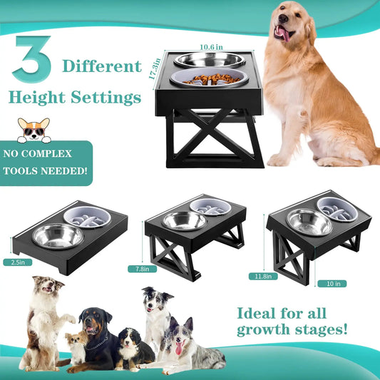 Elevated Dog Bowls 3 Adjustable Heights Raised Pet Stand with Slow Feeder Stainless Steel Food Bowls for Small Medium Large Dogs