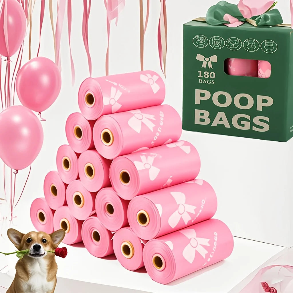 Thick & Durable Pet Poop Bags with Pink Bows - Leakproof Dog & Cat Waste Bags for Outdoor Walks, Multiple Sizes for Puppies