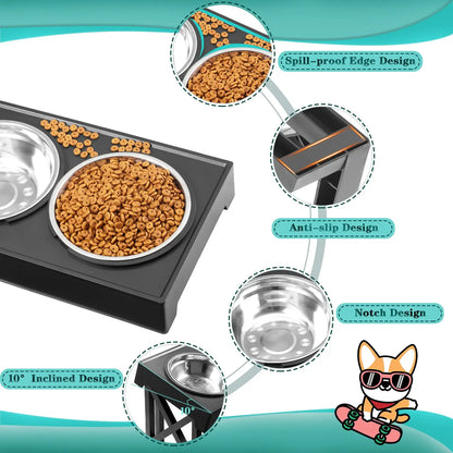 Elevated Dog Bowls 3 Adjustable Heights Raised Pet Stand with Slow Feeder Stainless Steel Food Bowls for Small Medium Large Dogs